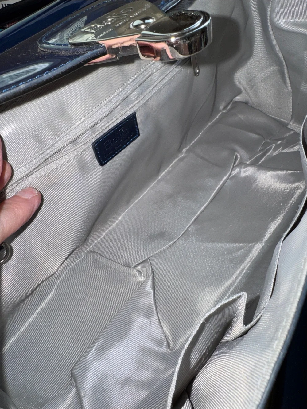 Beijo Navy Patent Satchel with Silver-Tone Lock Matching Wallet